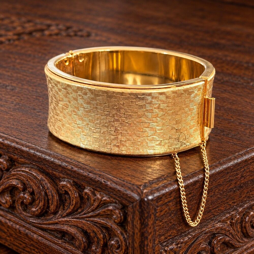 Vintage 1950s Bracelet Gold Filled Wide Textured Hinged Cuff Mid Century – 15L